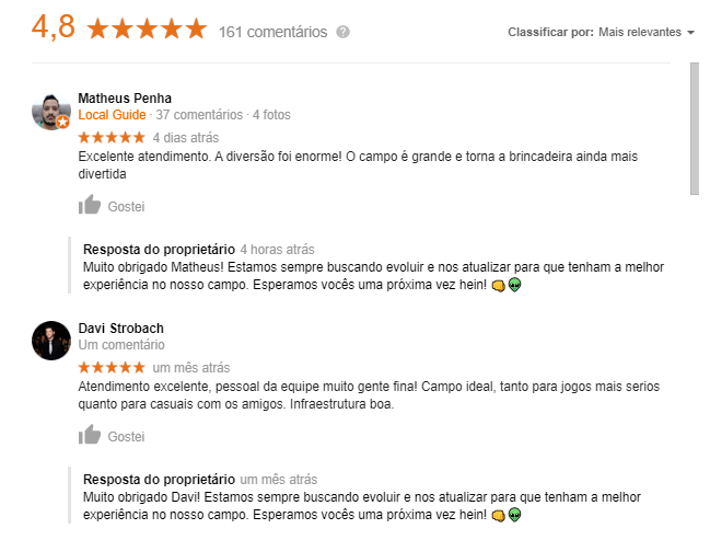 Avaliações no Google Meu Negócio de um campo de airsoft