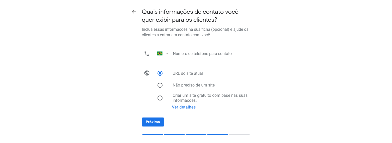 Nono passo para cadastrar empresa no Google Meu Negócio. nesta tela coloca as informações de contato e site.