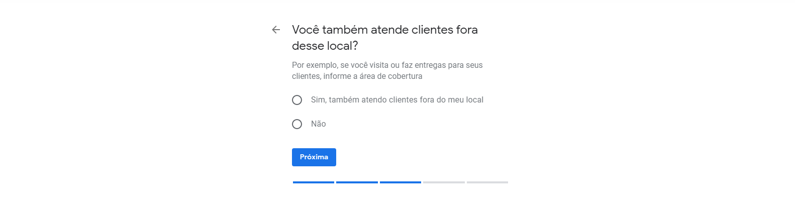 Oitavo passo para cadastrar empresa no Google Meu Negócio. Nesta tela você indica se faz entregas ou visita clientes.