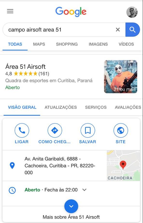 Resultado da pesquisa "campo de airsoft area 51" feita no Google