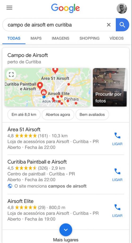 Resultados da pesquisa "campo de airsoft em curitiba" no Google