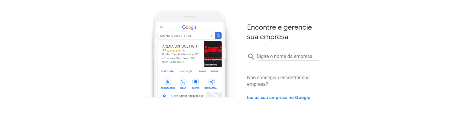 Segundo passo para cadastrar empresa na Google Meu Negócio, onde tem o campo para procurar sua empresa ou criar uma nova.