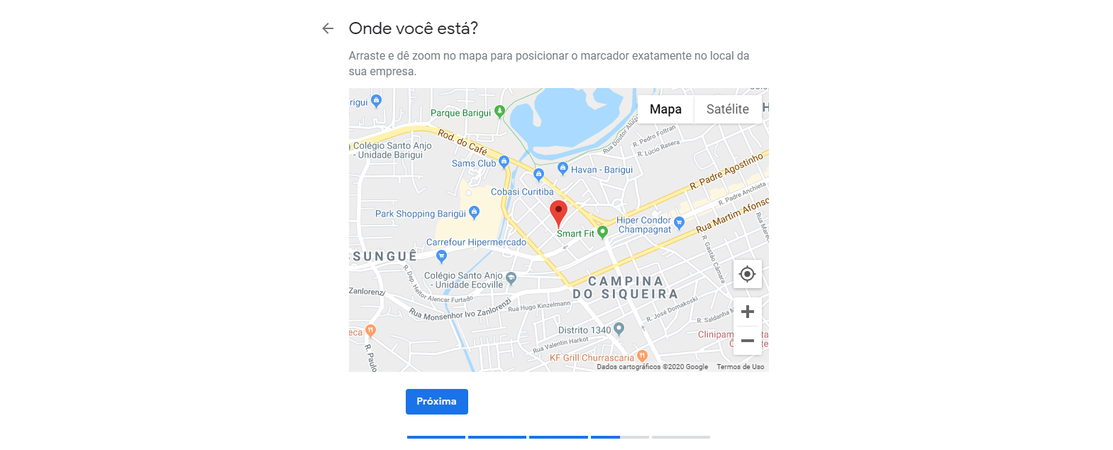Setimo passo para cadastrar empresa no Google Meu Negócio. Nesta tela você colocar o pin do Google Maps exatamente no local da sua empresa