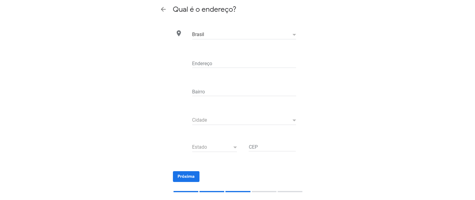 Sexto passo para cadastrar empresa no Google Meu Negócio. Nesta tela devem ser colocadas as informações do endereço.