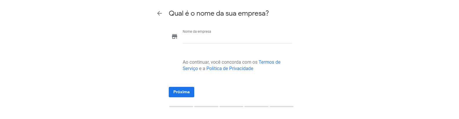 Terceiro passo para cadastrar empresa no Google Meu Negócio. Nesta tela você coloca o nome da empresa.